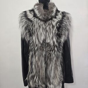 Genuine Leather Fox Fur Convertible Women’s Jacket Vest Black Silver EU 42 L